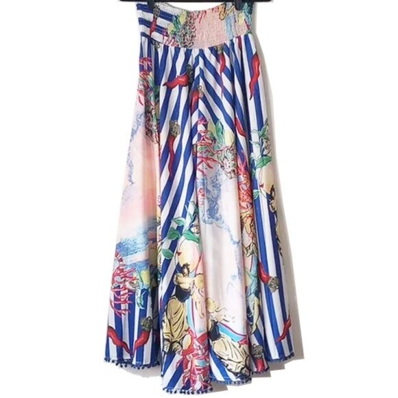 Super-Wide Palazzo Pants OS S/M Smocked Waist Cabana Pom Pom Fringe - Picture 2 of 10